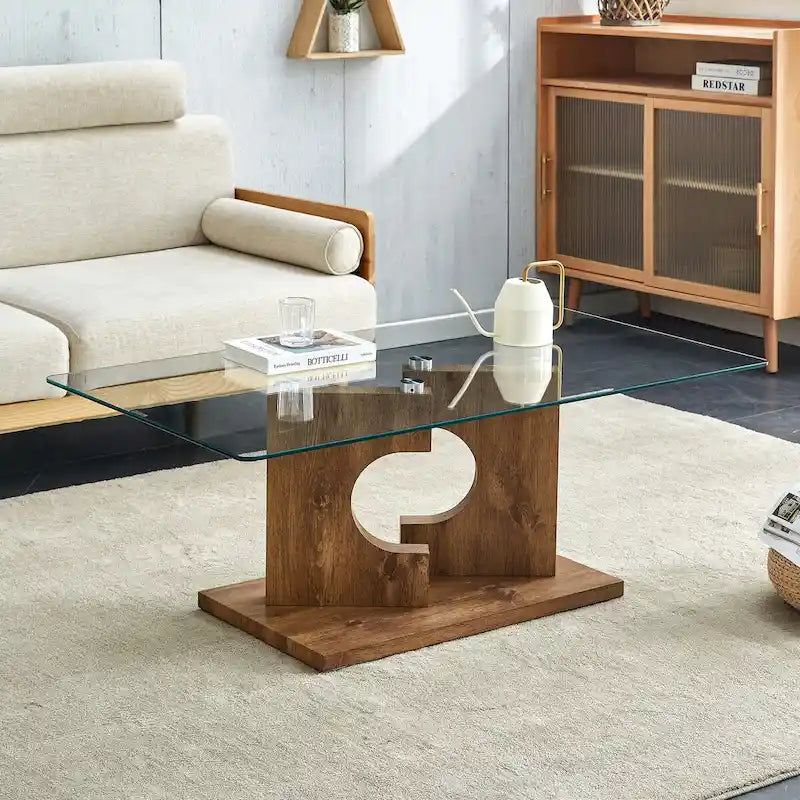 Rectangular Modern Tempered Glass Coffee Table with MDF Legs