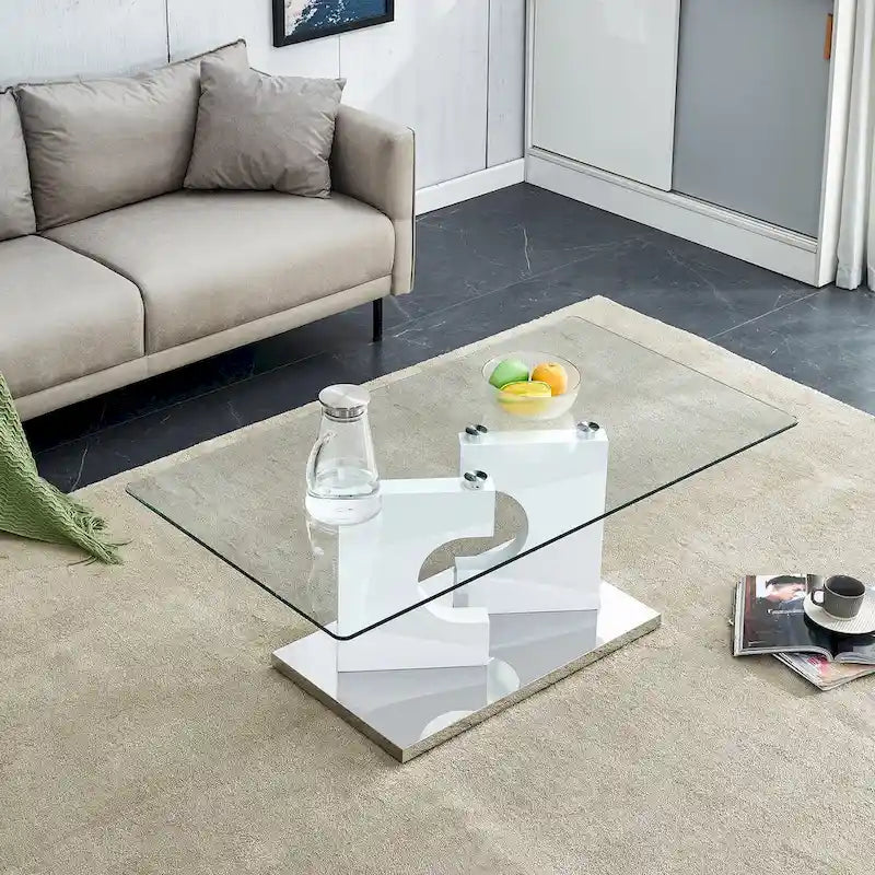 Rectangular Modern Tempered Glass Coffee Table with MDF Legs