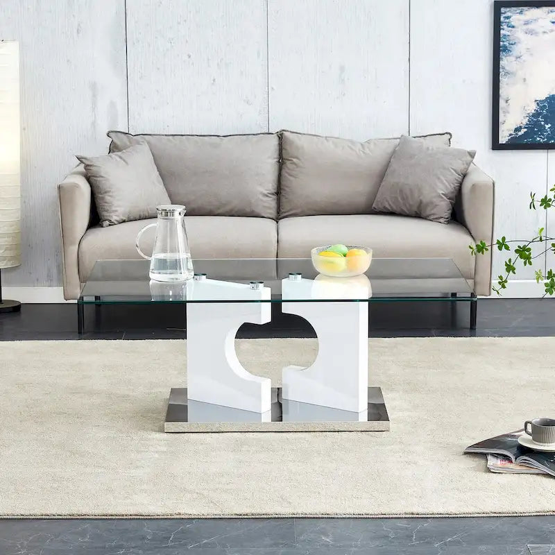 Rectangular Modern Tempered Glass Coffee Table with MDF Legs