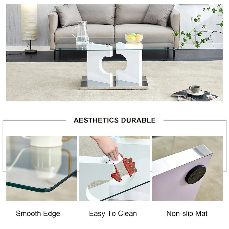 Rectangular Modern Tempered Glass Coffee Table with MDF Legs