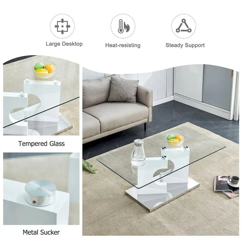 Table basse rectangulaire moderne en verre trempé avec pieds en MDF