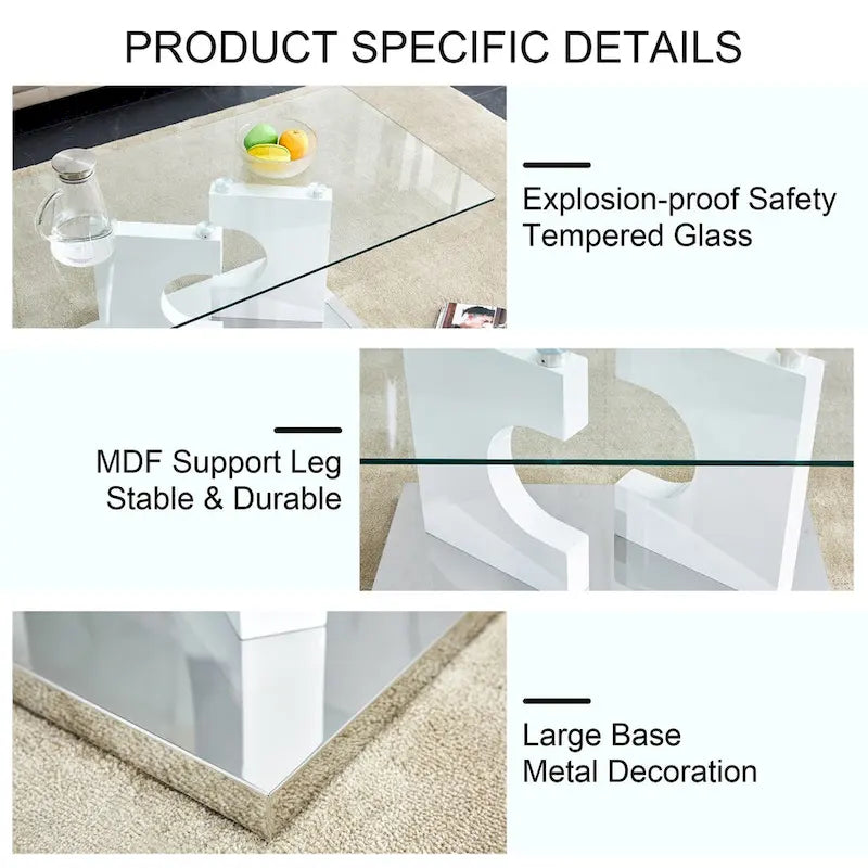 Table basse rectangulaire moderne en verre trempé avec pieds en MDF