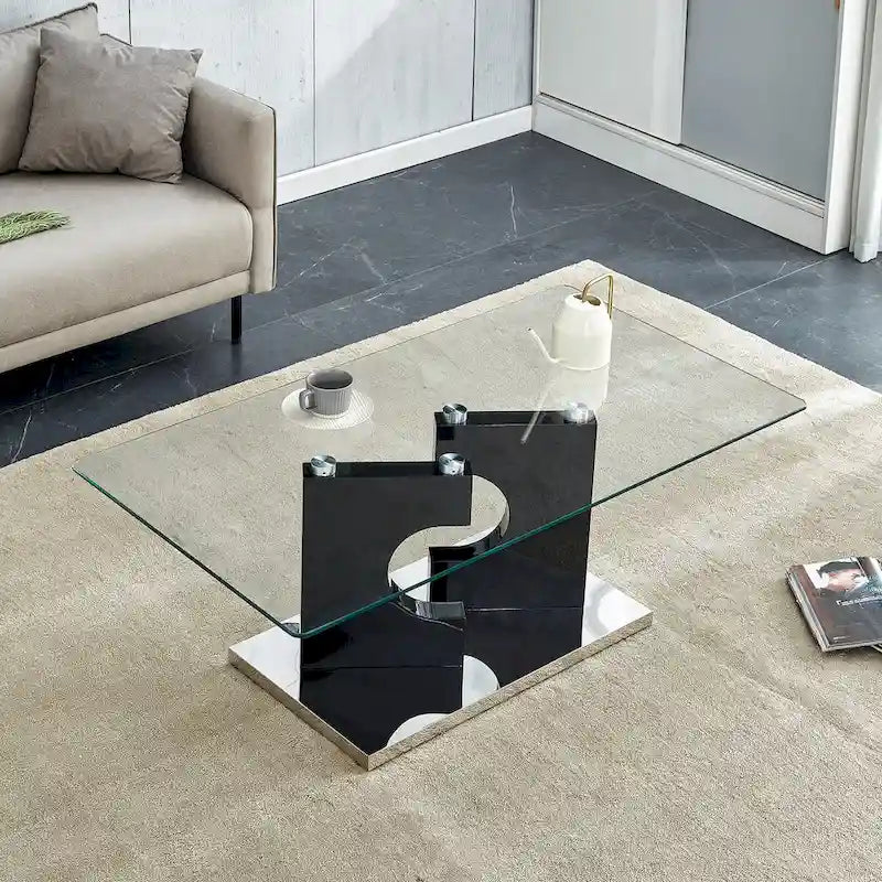 Table basse rectangulaire moderne en verre trempé avec pieds en MDF