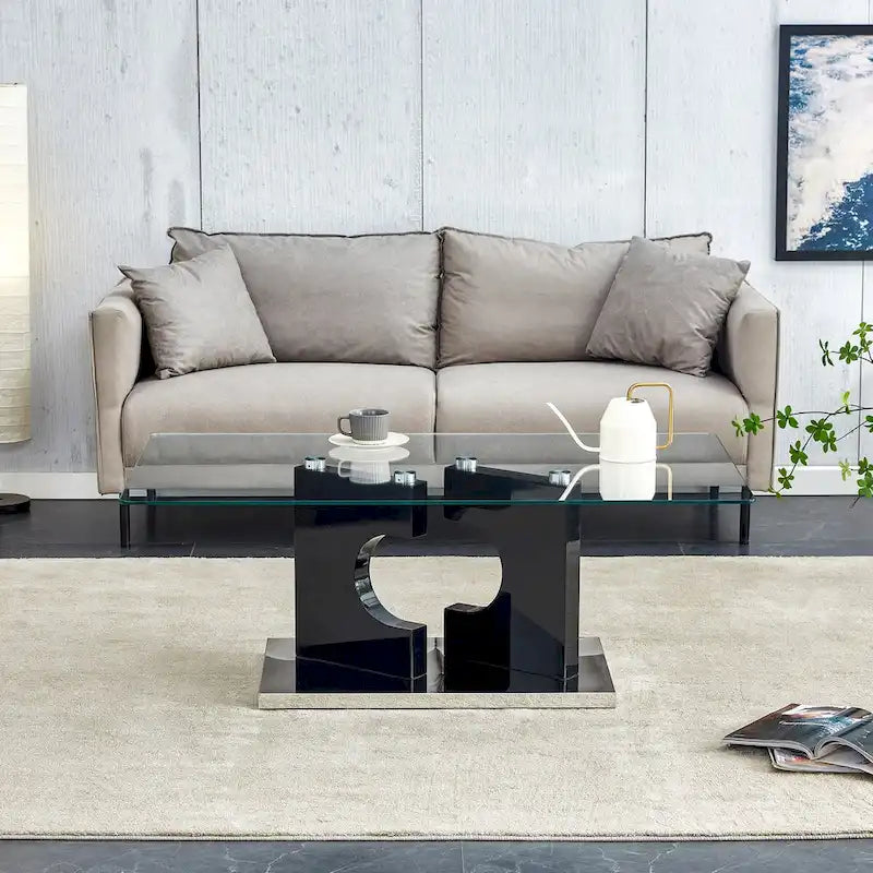 Table basse rectangulaire moderne en verre trempé avec pieds en MDF