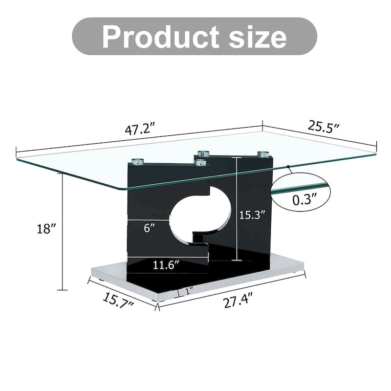 Table basse rectangulaire moderne en verre trempé avec pieds en MDF