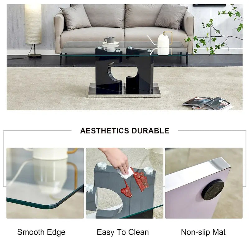 Table basse rectangulaire moderne en verre trempé avec pieds en MDF