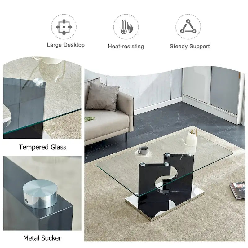 Table basse rectangulaire moderne en verre trempé avec pieds en MDF