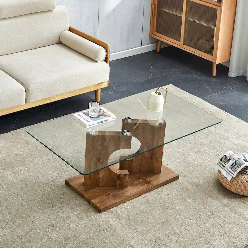 Table basse rectangulaire moderne en verre trempé avec pieds en MDF