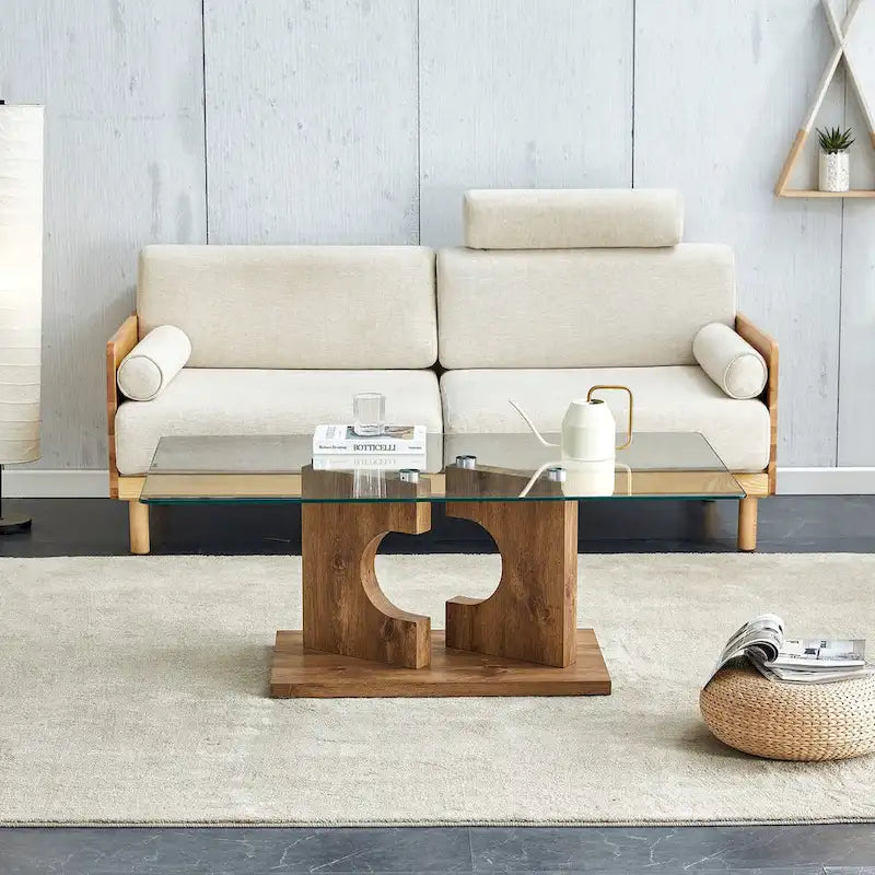 Table basse rectangulaire moderne en verre trempé avec pieds en MDF