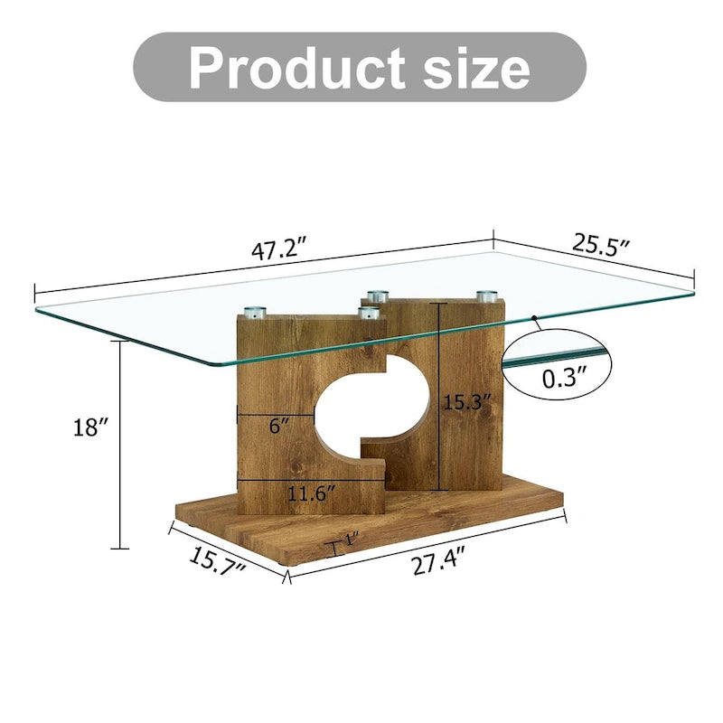 Table basse rectangulaire moderne en verre trempé avec pieds en MDF