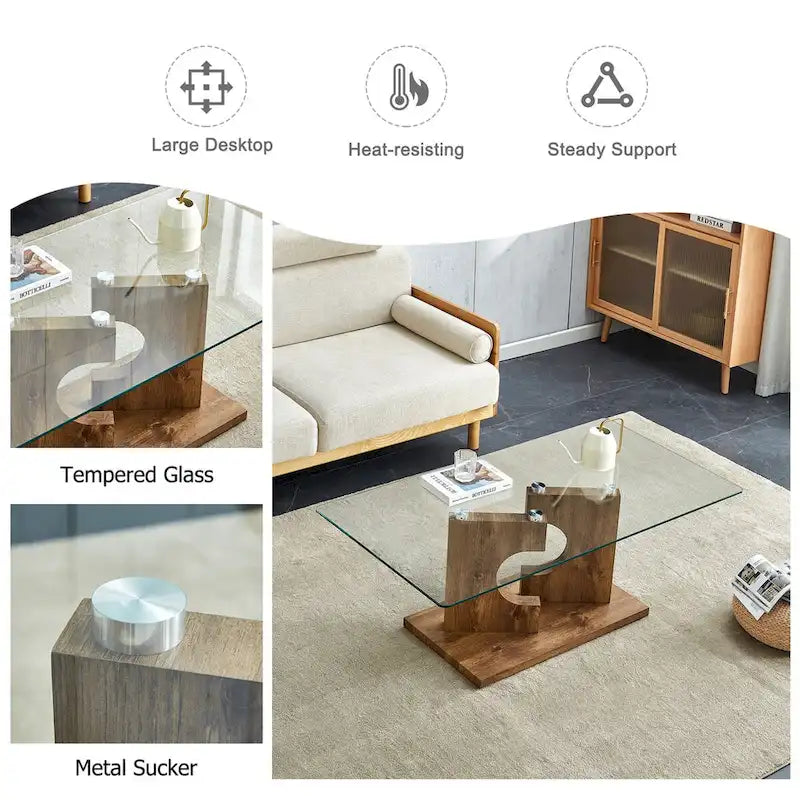 Table basse rectangulaire moderne en verre trempé avec pieds en MDF