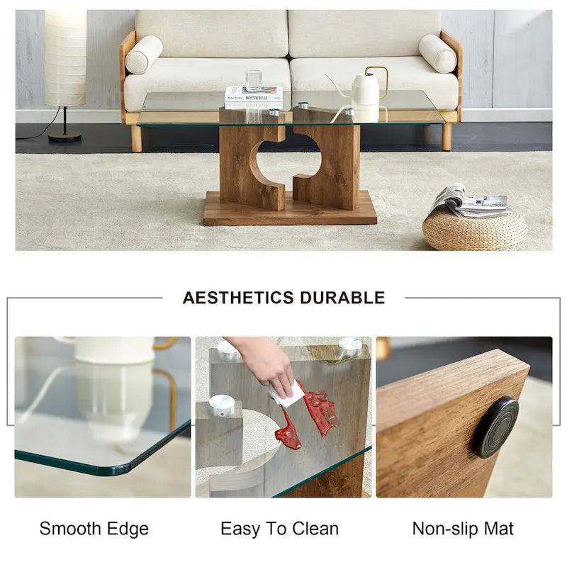 Table basse rectangulaire moderne en verre trempé avec pieds en MDF