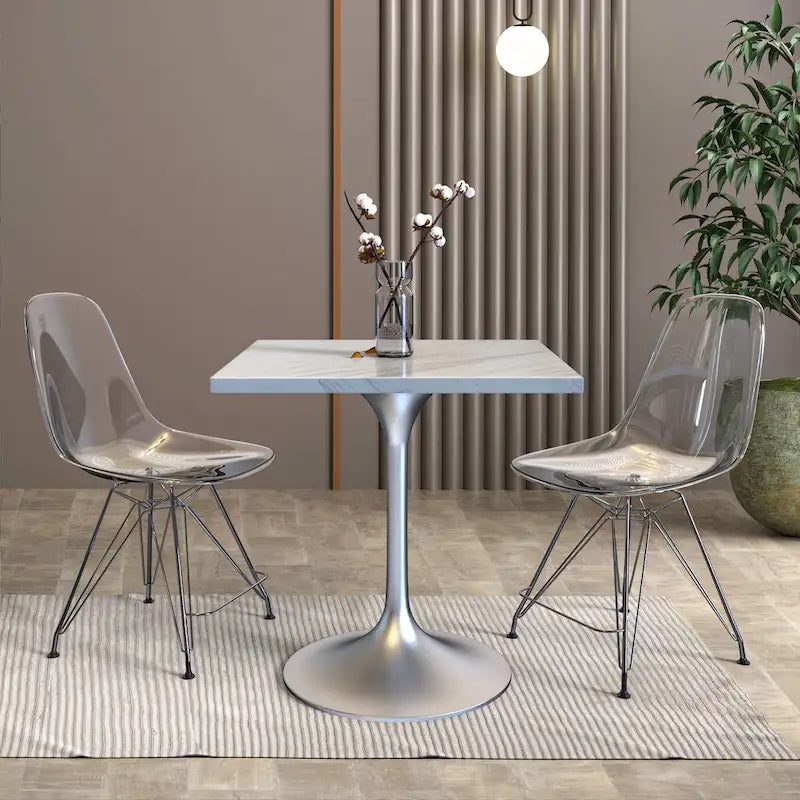 Square Dining Table with White Marbleized Resin Top and Modern Brushed Steel Pedestal Base