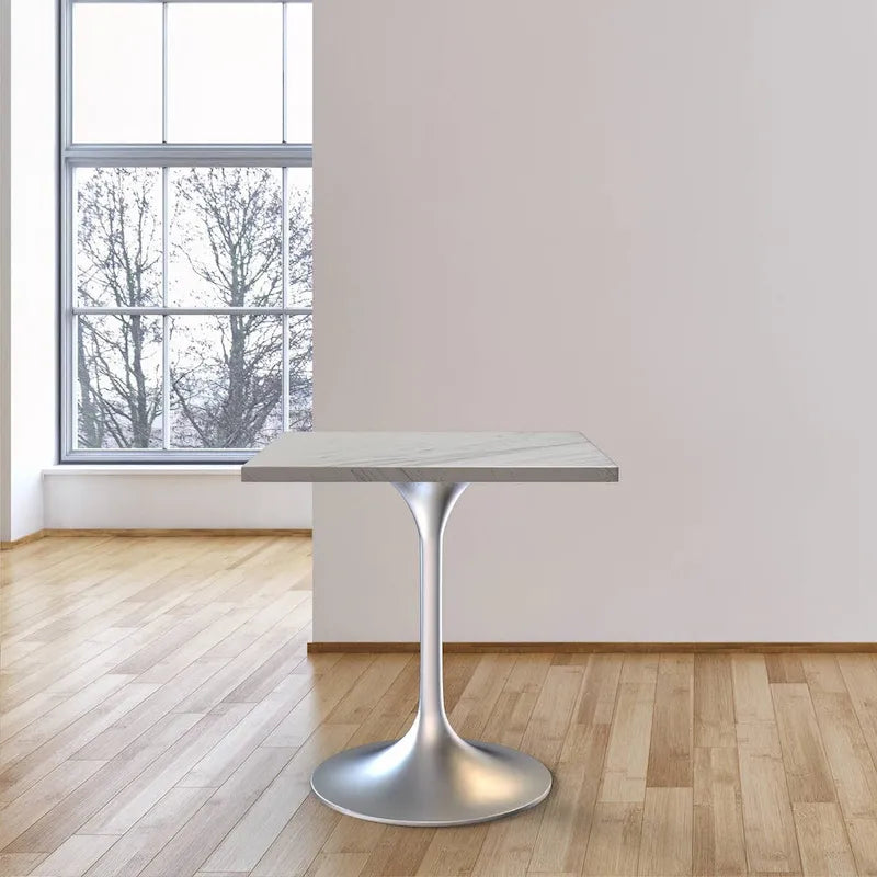 Square Dining Table with White Marbleized Resin Top and Modern Brushed Steel Pedestal Base