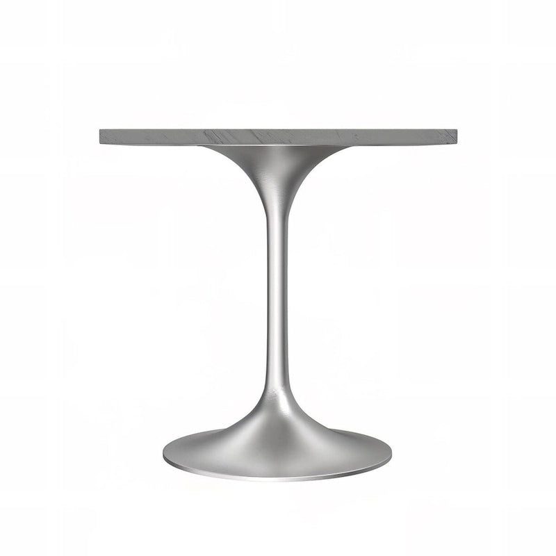 Table à manger carrée avec plateau en résine marbrée blanche et piétement central moderne en acier brossé