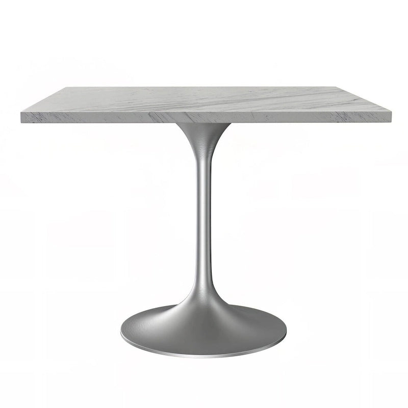 Table à manger carrée avec plateau en résine marbrée blanche et piétement central moderne en acier brossé