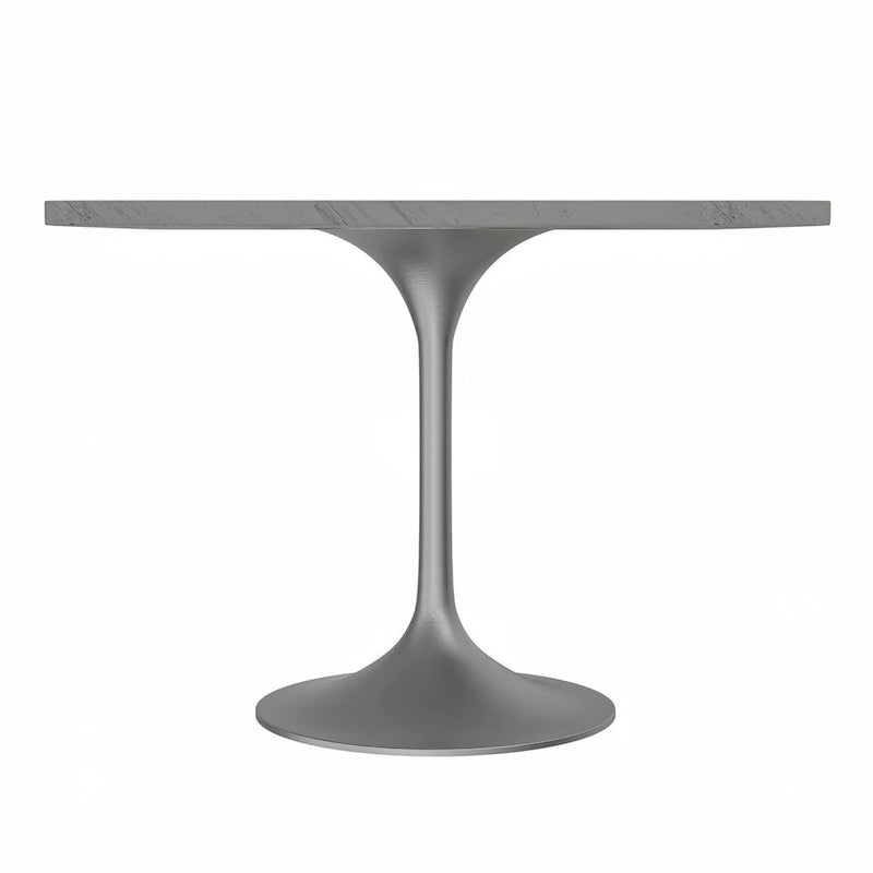 Table à manger carrée avec plateau en résine marbrée blanche et piétement central moderne en acier brossé