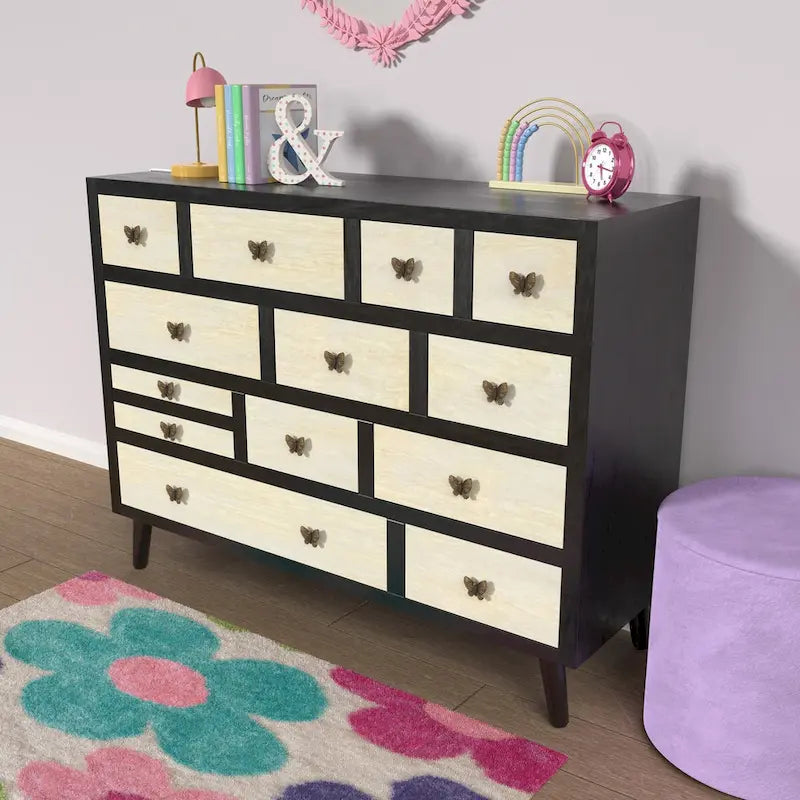 Enfilade Mid-Century Moderne à 13 Tiroirs avec Poignées en Laiton Antique