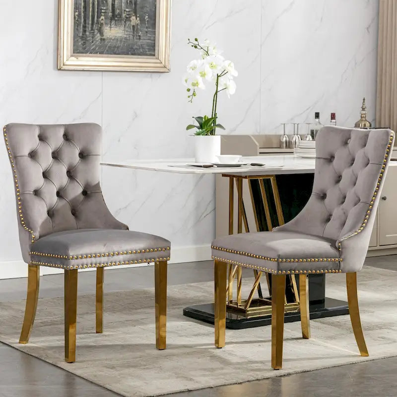 Tufted Velvet Upholstered Dining Chair with Gold Stainless Steel Legs