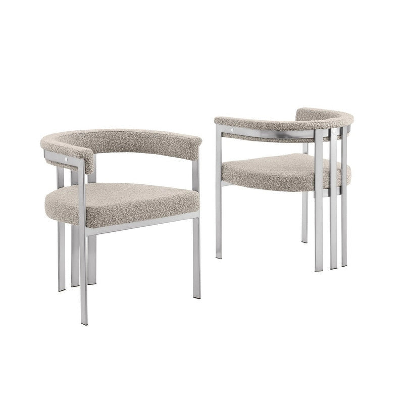 Chaise de salle à manger sans accoudoirs en tissu bouclette capitonné avec piètement en fer chromé