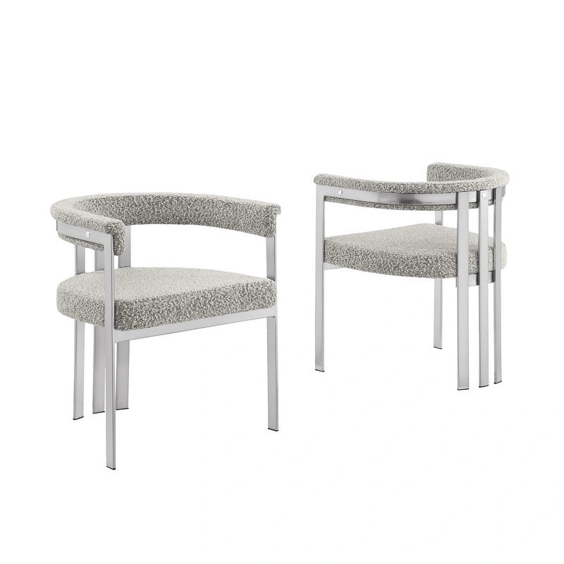 Chaise de salle à manger sans accoudoirs en tissu bouclette capitonné avec piètement en fer chromé