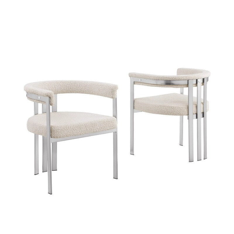 Chaise de salle à manger sans accoudoirs en tissu bouclette capitonné avec piètement en fer chromé