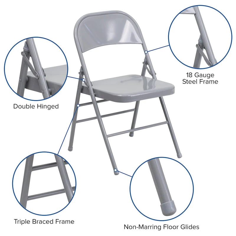 Chaise pliante commerciale en métal triple entretoise à double charnière de style moderne
