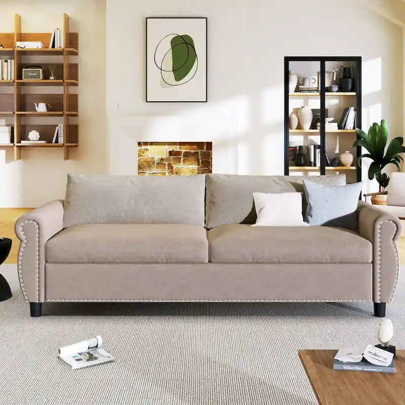 Retro Upholstered Sofa with Nailhead Trim Armrests Solid Wood Frame