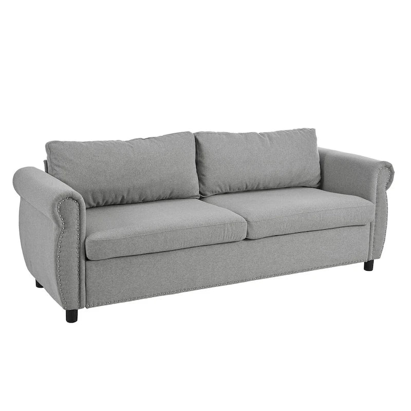 Retro Upholstered Sofa with Nailhead Trim Armrests Solid Wood Frame