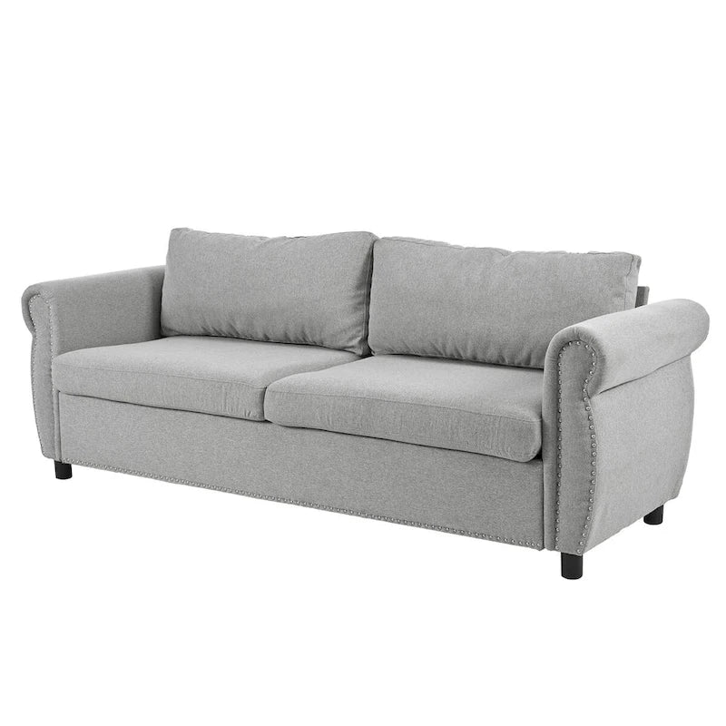 Retro Upholstered Sofa with Nailhead Trim Armrests Solid Wood Frame