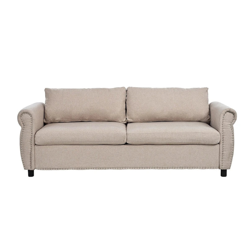 Retro Upholstered Sofa with Nailhead Trim Armrests Solid Wood Frame