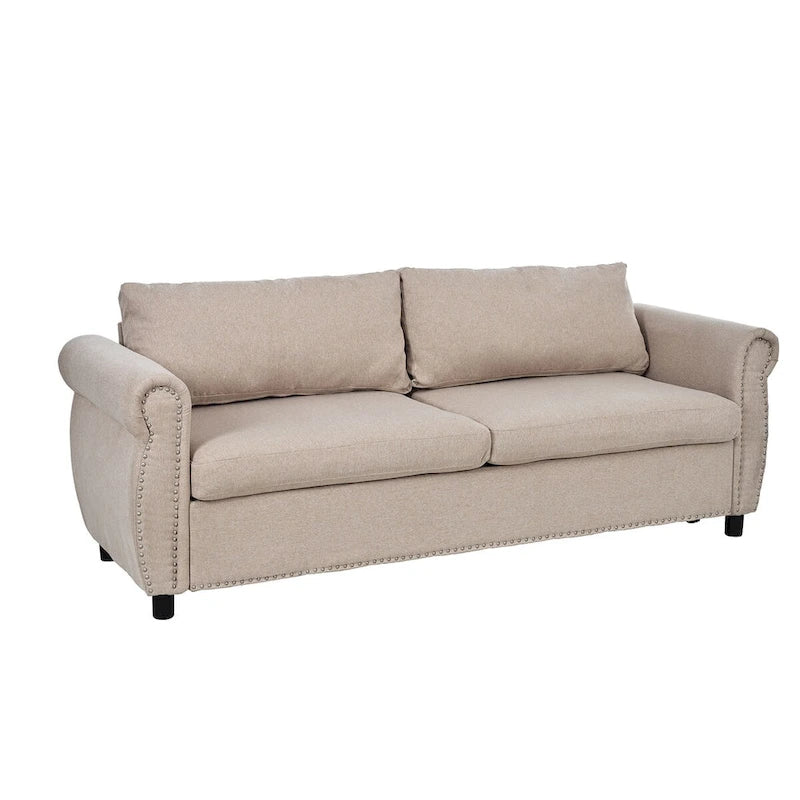 Retro Upholstered Sofa with Nailhead Trim Armrests Solid Wood Frame