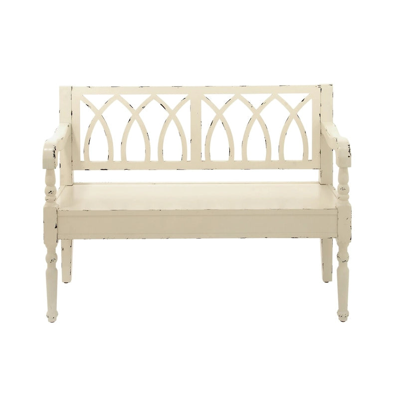 Wood Distressed Bench with Arched Design Back and Turned Legs