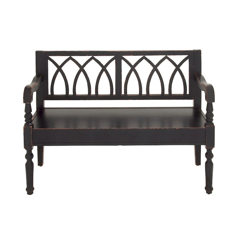 Wood Distressed Bench with Arched Design Back and Turned Legs