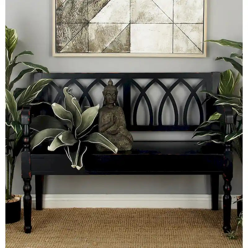 Wood Distressed Bench with Arched Design Back and Turned Legs