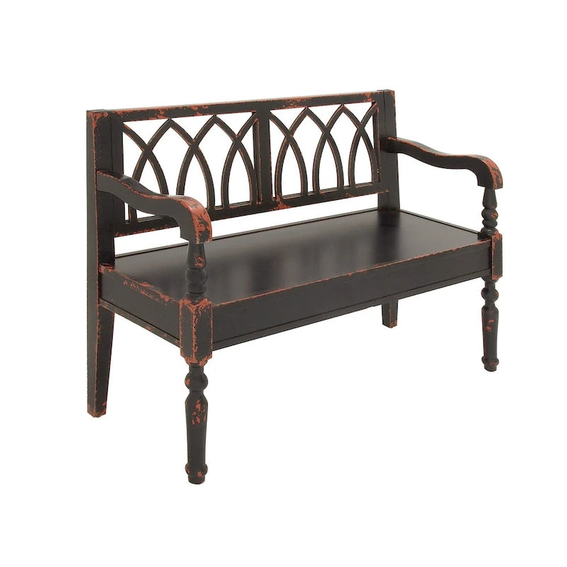 Wood Distressed Bench with Arched Design Back and Turned Legs