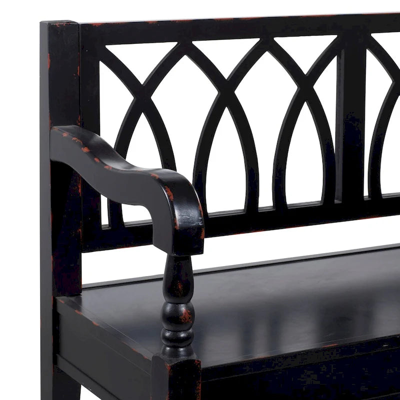 Banc en bois vieilli avec dossier cintré et pieds tournés