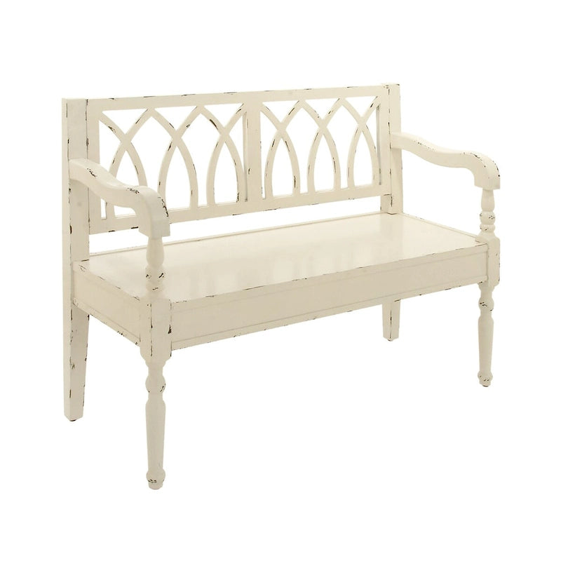 Banc en bois vieilli avec dossier cintré et pieds tournés