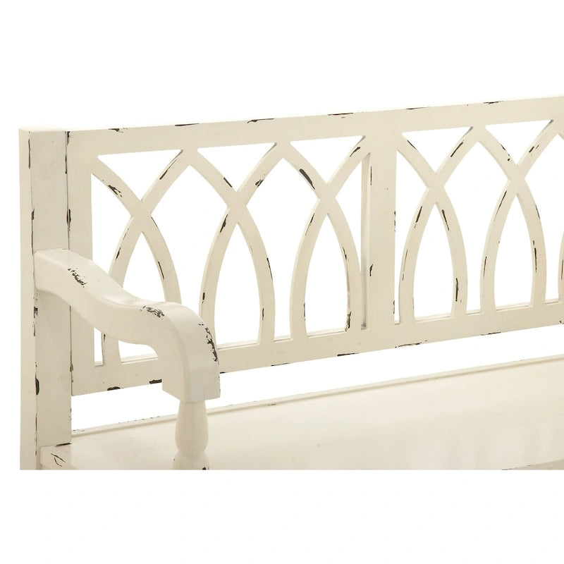 Banc en bois vieilli avec dossier cintré et pieds tournés