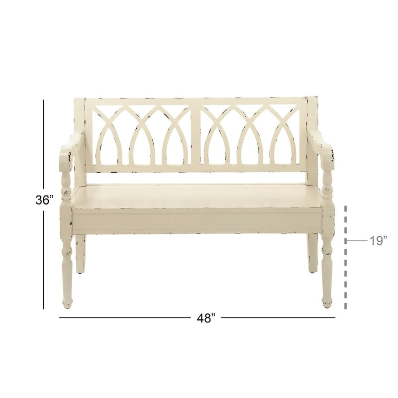 Banc en bois vieilli avec dossier cintré et pieds tournés