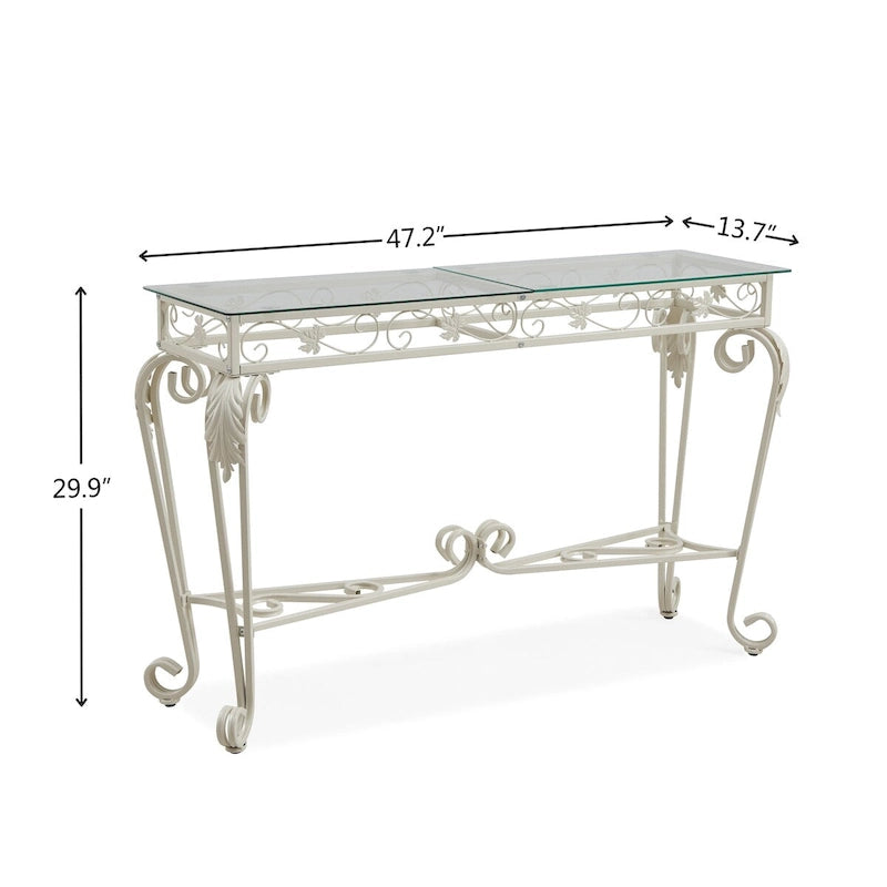 Console pour entrée ou couloir avec plateau en verre, structure en métal et rangement
