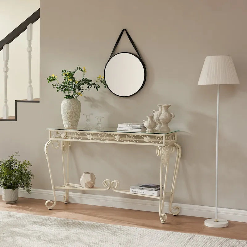 Console pour entrée ou couloir avec plateau en verre, structure en métal et rangement