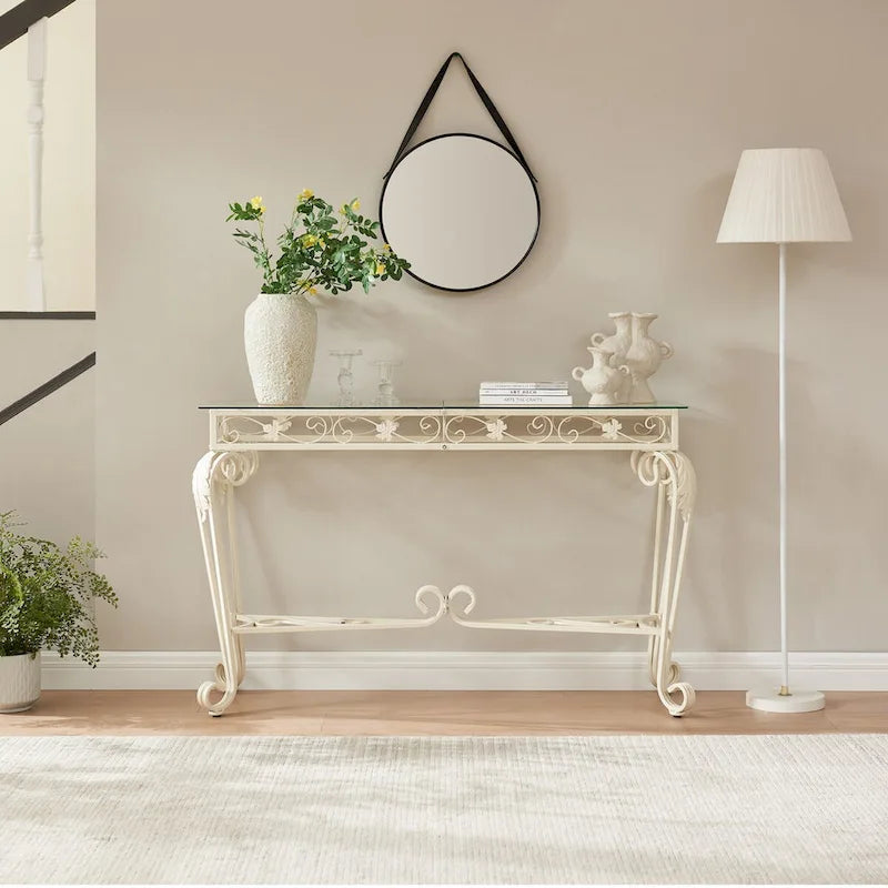 Glass Top Metal Console Table for Entryway Hallway with Storage