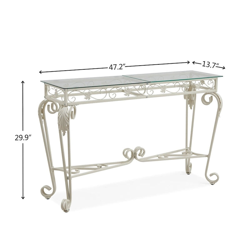Console pour entrée ou couloir avec plateau en verre, structure en métal et rangement