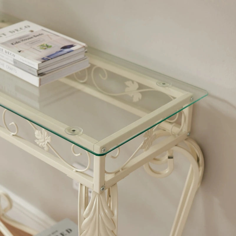 Console pour entrée ou couloir avec plateau en verre, structure en métal et rangement
