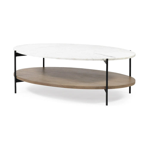 48" Brown and Black Genuine Marble and Metal Oval Coffee Table with Shelf