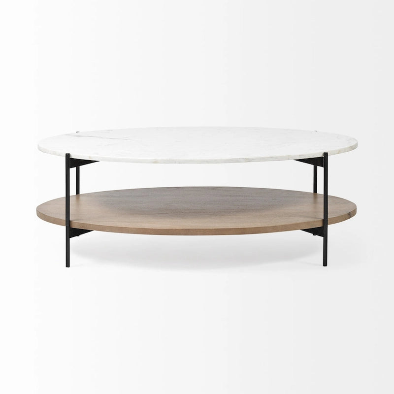 Table basse ovale avec étagère, 122 cm, en véritable marbre marron et noir et métal