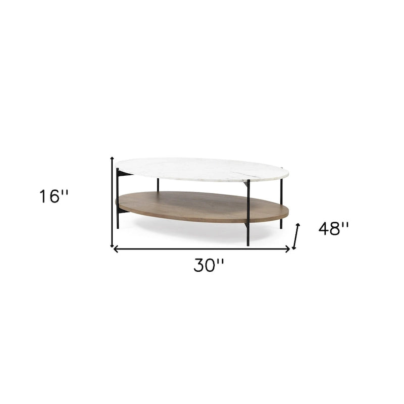 48" Brown and Black Genuine Marble and Metal Oval Coffee Table with Shelf