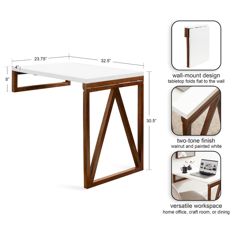 Table murale pliante en bois Blanc Noyer Design moderne peu encombrant