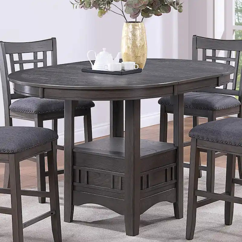 Table à manger ronde en bois, hauteur comptoir, avec tiroir de rangement gris